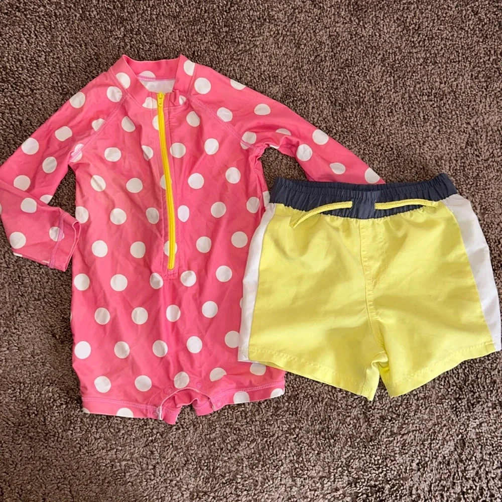 Pink polka dot one piece and yellow swim trunks 12/18m coordinating twin set